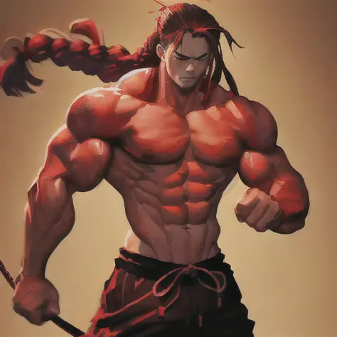 (((masterpiece))) manga style, anime style, background white and red, samurai, pumped brutal charismatic broad shoulders, long hair braided, bare torso, pumped chest and abs, in wide sweatpants, domination, bright colors, juicy colors, 8k, ArtStation, HDR,