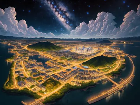 masterpiece, best quality, highres, absurdres, ultradetailed, aerial wide angle view of a traditional japanese city with greenery at night, celestial, stars, nebulae,astonishing, wonderful, awesome, beautiful, highly detailed ,centered,