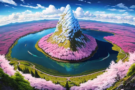 masterpiece, best quality, highres, absurdres, ultradetailed, astonishing, awesome, peaceful, relaxing, beautiful, highly detailed, colorful, fluid colors, bright colors, a forest of sakura trees from the top of a mountain, natural landscape background, br...