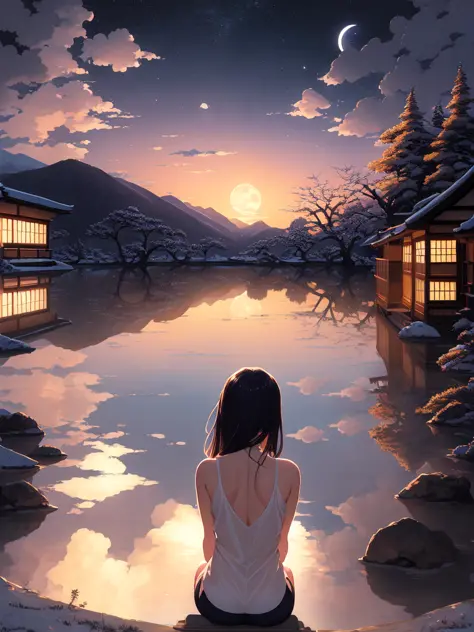 masterpiece, best quality, highres, absurdres, ultradetailed, astonishing, wonderful, awesome, peaceful, relaxing, beautiful, highly detailed , 1girl, looking at the sky, (back shot:1.1), (low angle shot:1.1), onsen, steam, night sky, bright moon, by artis...