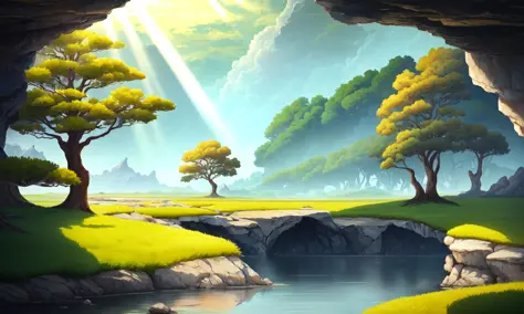 epic landscape, Architectural section, animation concept art, Breath of the wild Traditional Chinese Ink painting, studio ghibli style, cascading plateaus with japanes maple trees inside a crevice, lush vegetation and fern, sun rays; 1.5 miyazaki; 1.5 Mate...