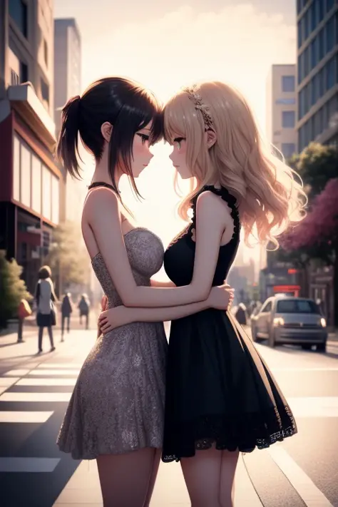 anime, two women facing each other, from side, seductive, shy, blush, dress, downtown, city, intricate, full body, highres