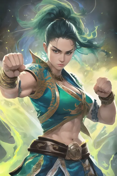Portrait of a muscular female half-dragon pugilist,  raised fists, blue and green color scheme, full body, very detailed, photorealistic painting