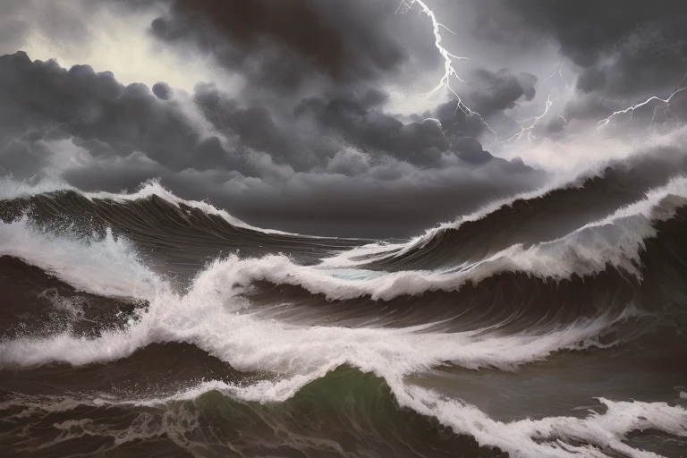 폭풍우 치는 해변의 어두운 그림, 큰 파도, 번개, 암운, 블랙 벨벳에 오일