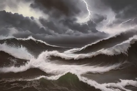 dark painting of a stormy beach, big waves, lightning, dark clouds, oil on black velvet