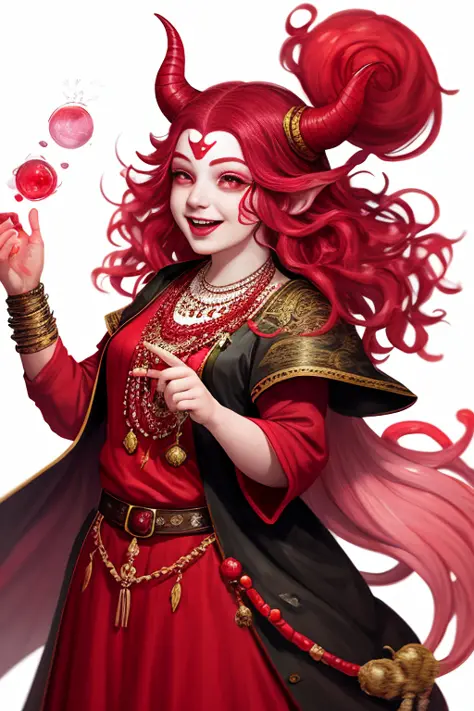 Portrait of a tiefling woman sorcerer, (fat:0.6), pink skin, red and white peasant dress, full body, medium wavy hair, red eyes, (laughing:0.6), jade necklace, very detailed, photorealistic painting
