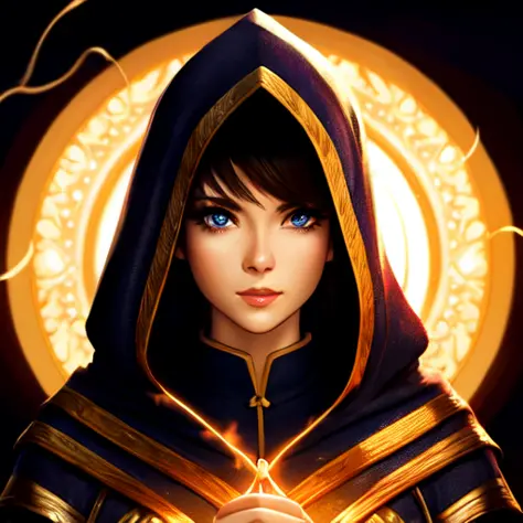 photorealistic, picture of a beautiful woman casting a spell, small breasts, dressed in deep hood, shining elaborate armor, beautiful anime eyes, beautiful anime hair, isometric, professional digital illustration, style, fantasy, anime
