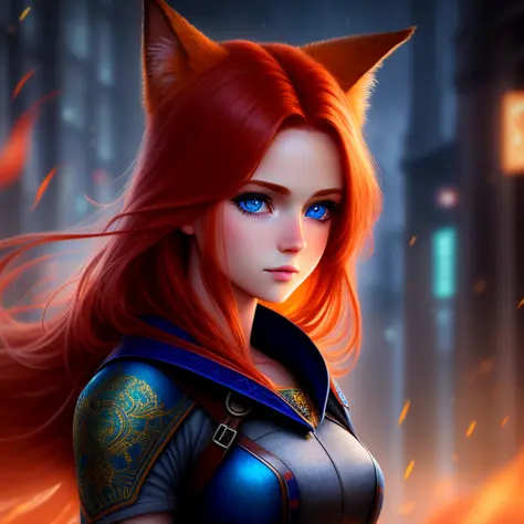 a redhead fox-girl with blue eyes, ((((cinematic look)))), soothing tones, insane details, intricate details, hyperdetailed, low contrast, soft cinematic light, dim colors, exposure blend, hdr, faded, slate gray atmosphere