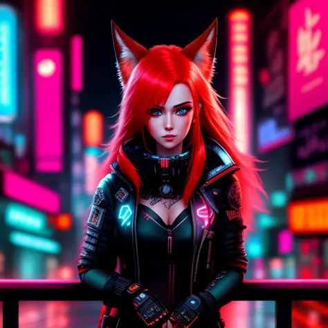 a redhead fox-girl with blue eyes, cyberpunk 2077 style, cyberpunk night city, neon light, cyberpunk 2077 concept art
