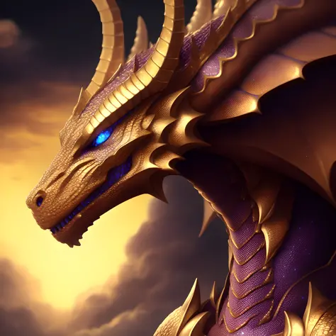 dragon ((portrait)), in the sky, sky background, heavy golden scales, detailed head, calm, small blue eyes, highly detailed, rendered in octane, masterpiece
