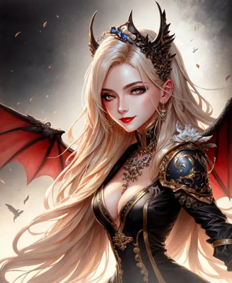 very complex hyper-maximalist overdetailed cinematic tribal fantasy closeup macro portrait of a heavenly beautiful young royal dragon queen with long platinum blonde windblown hair and dragon scale wings, Magic the gathering, pale wet skin and dark eyes an...