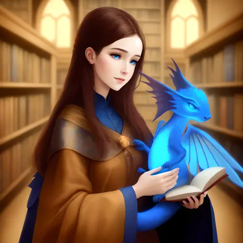 adult female mage in brown robes, holding hugging ((small)) [[glowing]] adorable playful blue winged dragon, in the library,highly detailed, masterpiece