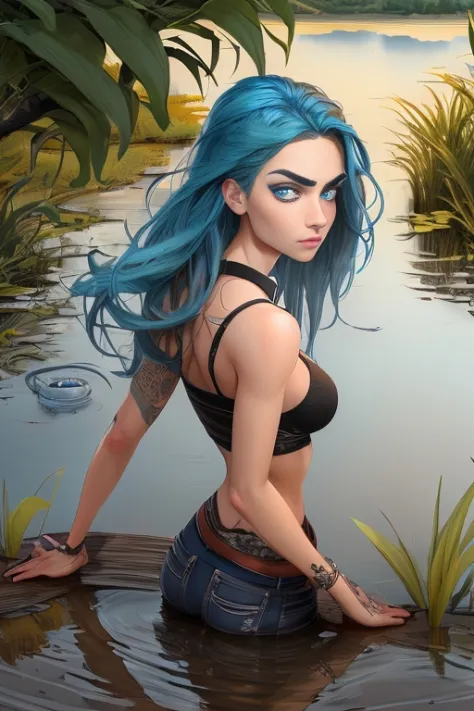 best quality, ultra-detailed, illustration, beautiful hair, (finely detailed eyes and detailed face), (Perfect Hands),  sky_blue_eyes, undercut, blue_hair, gigantic_breasts, looking_to_the_side, upper_body, Disappointed_face, (student:1.3), (wetland:1.3),