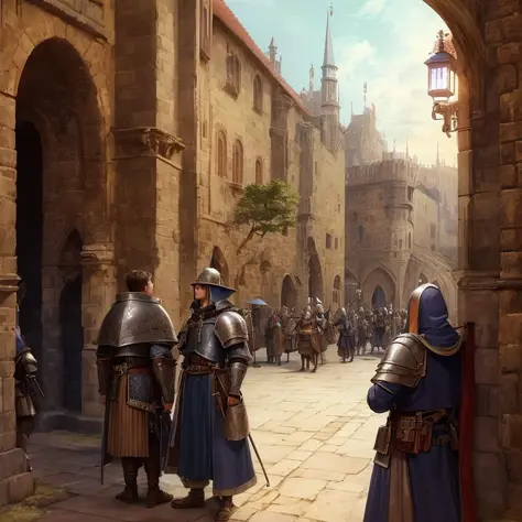 viewer behind action, a young, waiting in a queue of people, in front of a medieval city gate, two armored guards checking documents at the gate, outside the city, fantasy style, highly detailed