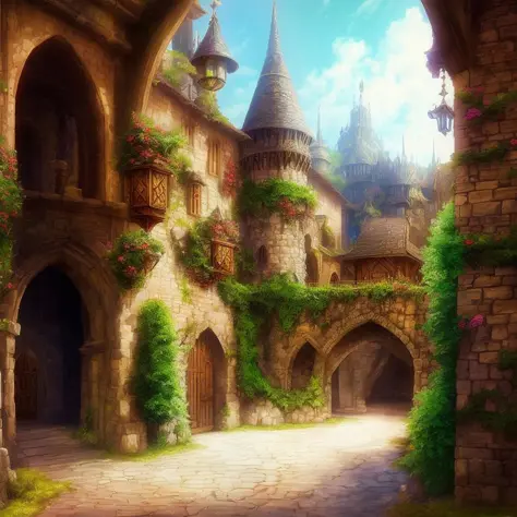 viewed from outside, fantasy medieval city gates, fantasy style, highly detailed