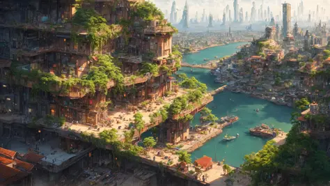 beautiful open kitchen in the style of elena of avalor overlooking aerial wide angle view of a solarpunk vibrant city with greenery, interior architecture, ocean, river, ships, citizens, rampart, rendered in octane, in the style of Luc Schuiten, craig mull...