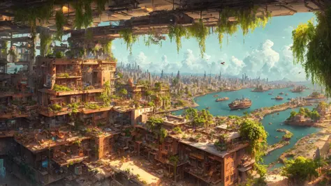 beautiful open kitchen in the style of elena of avalor overlooking aerial wide angle view of a solarpunk vibrant city with greenery, interior architecture, ocean, river, ships, citizens, rampart, rendered in octane, in the style of Luc Schuiten, craig mull...