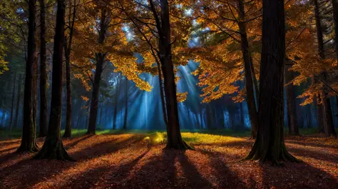 majestic,spectacular (hdr photo)  of a picturesque nature of a
sun rays through trees in the darkness in
autumn  at night moonli...