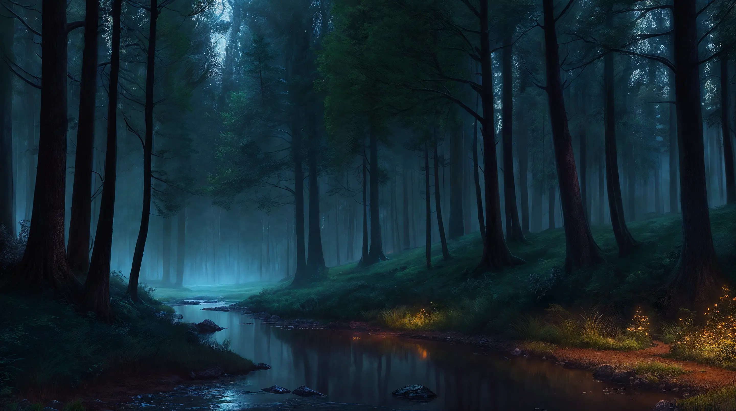 すばらしい眺め,美しい森の端の美しい自然を描いたプロフェッショナルな高品質デジタル絵画,春の夜の茂み、月明かりの下で, 霧のかかった天気,
ドラマチックな照明, 8K解像度, 詳細, 集中, ミッドレンジショット ドラマチックな暗闇,ジェイク・グスマンによる環境アート写真