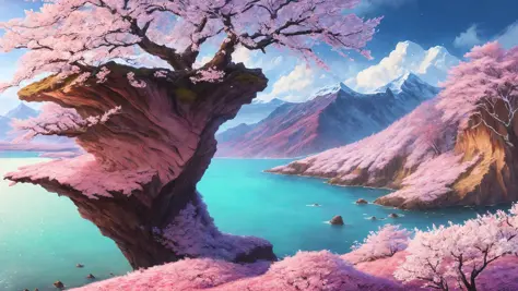 majestic,stunning view digital painting  containing a picturesque nature of a
cherry blossom on cliff,taiga imagination in
sprin...