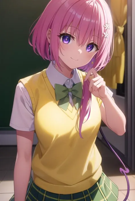 momodevilluke, <lyco:momo deviluke darkness-lyco-nochekaiser:1>,
momo deviluke, demon tail, hair flower, hair ornament, (purple eyes:1.1), pink hair, short hair, tail, smile,
BREAK demon tail, green skirt, plaid, plaid skirt, sainan high school uniform, school uniform, skirt, sweater vest, thighhighs, (yellow sweater:1.5), short sleeves, bow, (green bow:1.5),
BREAK indoors, classroom,
BREAK looking at viewer, (cowboy shot:1.5),
BREAK <lyco:GoodHands-beta2:1>, (masterpiece:1.2), best quality, high resolution, unity 8k wallpaper, (illustration:0.8), (beautiful detailed eyes:1.6), extremely detailed face, perfect lighting, extremely detailed CG, (perfect hands, perfect anatomy),