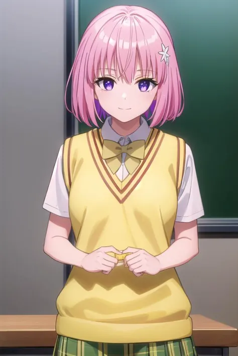 momodevilluke, <lyco:momo deviluke darkness-lyco-nochekaiser:1>,
momo deviluke, demon tail, hair flower, hair ornament, (purple eyes:1.1), pink hair, short hair, tail, smile,
BREAK demon tail, green skirt, plaid, plaid skirt, sainan high school uniform, school uniform, skirt, sweater vest, thighhighs, (yellow sweater:1.5), short sleeves, bow, (green bow:1.5),
BREAK indoors, classroom,
BREAK looking at viewer, (cowboy shot:1.5),
BREAK <lyco:GoodHands-beta2:1>, (masterpiece:1.2), best quality, high resolution, unity 8k wallpaper, (illustration:0.8), (beautiful detailed eyes:1.6), extremely detailed face, perfect lighting, extremely detailed CG, (perfect hands, perfect anatomy),