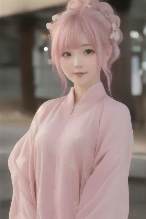 a woman with pink hair and a pink kimono is posing for a picture