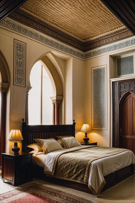 a close up of a bed in a room with a wooden headboard