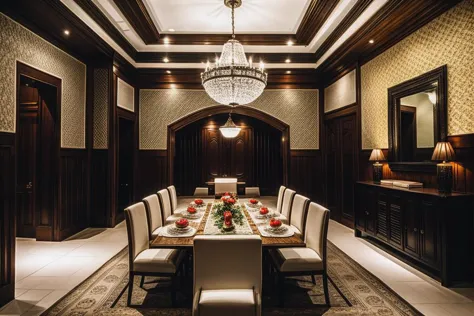 a close up of a dining room with a table and chairs