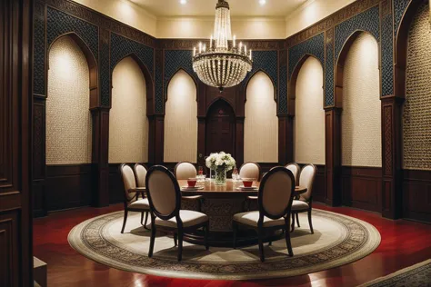 a close up of a table with chairs and a chandelier in a room