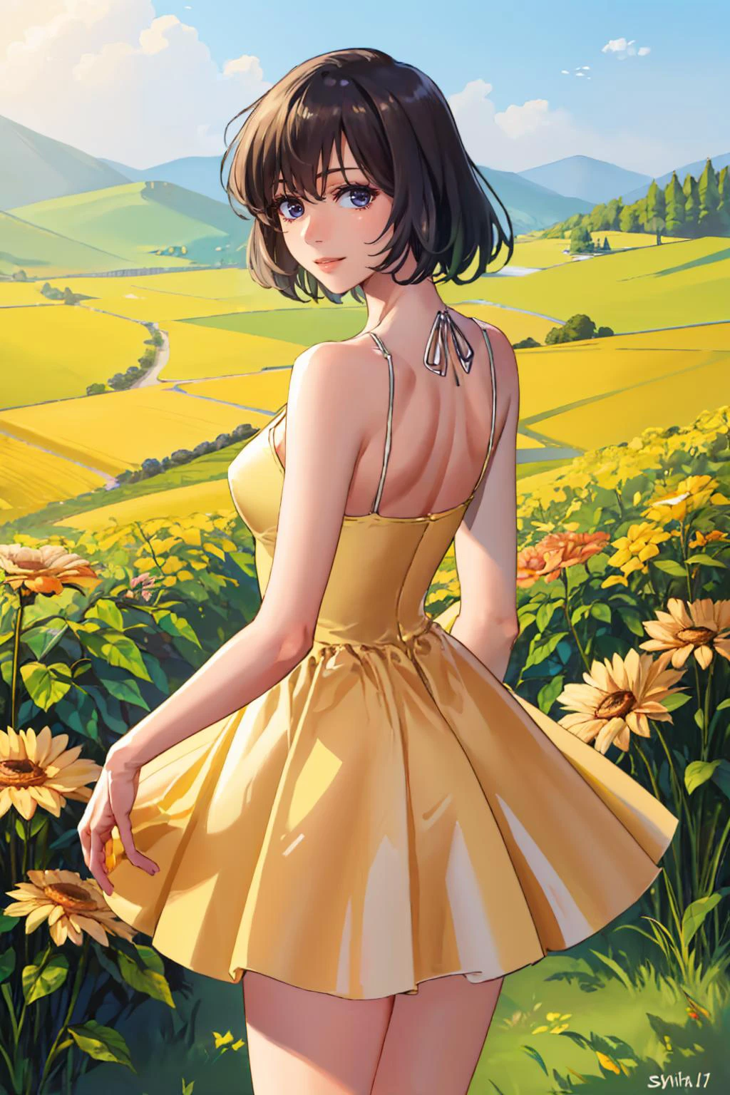 (تحفة, أفضل جودة:1.2), وحيد, 1فتاة, com.chainsumeragi, ابتسامة طفيفة, النظر إلى الخلف, فستان الشمس الأصفر, حقل زهور 