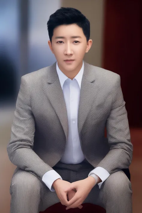 arafed man in a suit sitting on a stool in a room