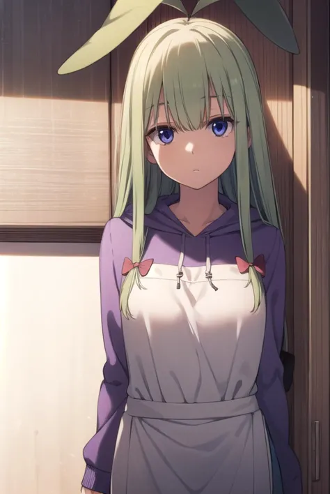 mandragora, <lyco:mandragora-lyco-nochekaiser:1>,
mandragora, long hair, bangs, ahoge, green hair, (purple eyes:1.1), bow, hair bow,
BREAK shorts, hood, apron, hoodie,
BREAK indoors,
BREAK looking at viewer, (cowboy shot:1.5),
BREAK <lyco:GoodHands-beta2:1>, (masterpiece:1.2), best quality, high resolution, unity 8k wallpaper, (illustration:0.8), (beautiful detailed eyes:1.6), extremely detailed face, perfect lighting, extremely detailed CG, (perfect hands, perfect anatomy),