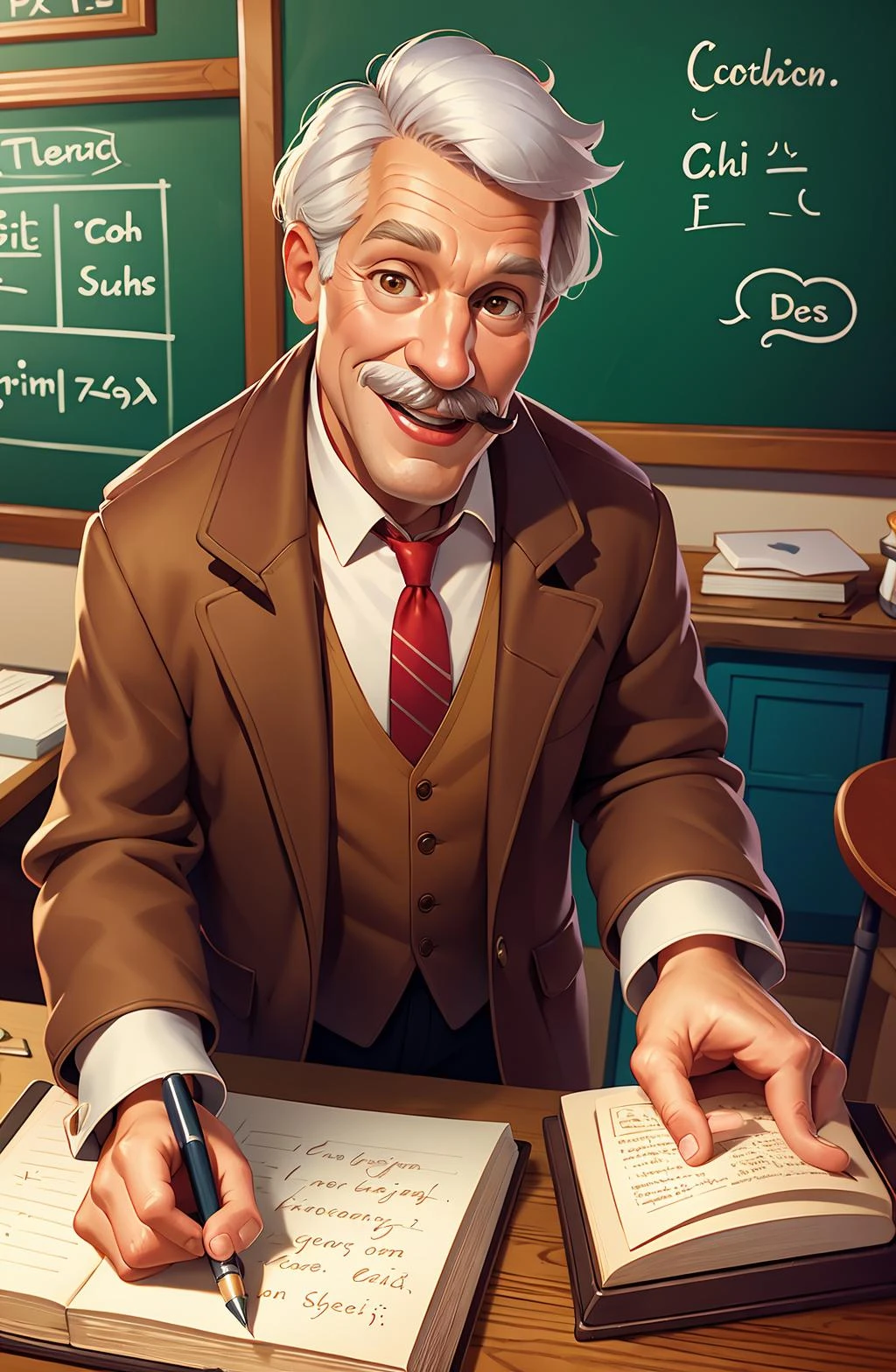 Concept art, character illustration, European and American cartoons, chalkboard, solo, chalk, necktie, old, vest, book, shirt, desk, open mouth, 1boy, holding, indoors, white shirt, collared shirt, long sleeves, smile, jacket, mustache, old man, chair, male focus, red necktie, white hair, grey hair, facial hair, classroom, from above, wrinkled skin, open book, foreshortening, pen, realistic, coat, brown vest, 1girl, brown eyes, wing collar, short hair, writing, teeth, brown jacket