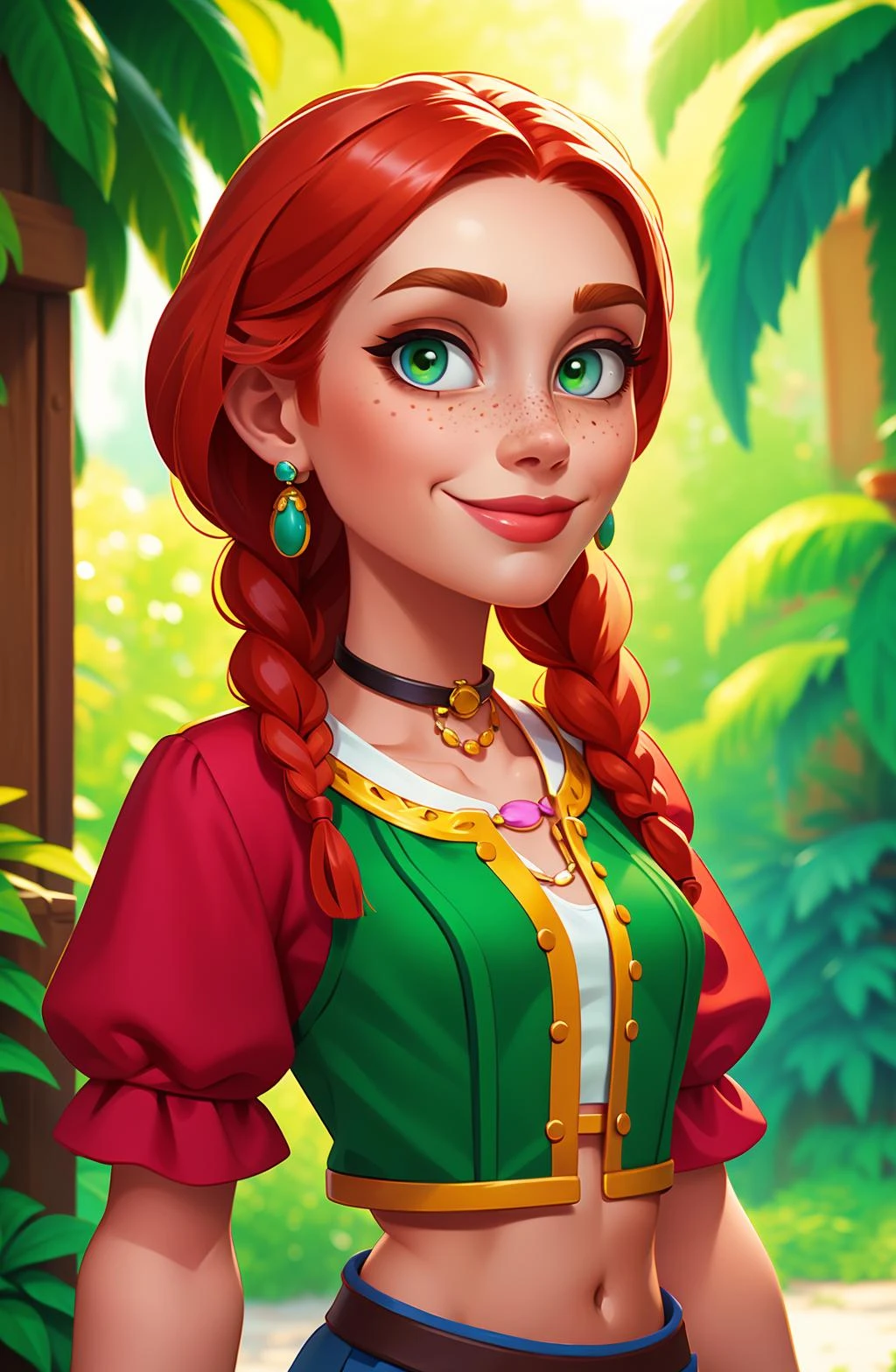 Concept art,character illustration,European and American cartoons,1girl,freckles,solo,jewelry,green eyes,braid,earrings,twin braids,necklace,looking at viewer,red hair,breasts,blurry,plant,short sleeves,blurry background,midriff,upper body,puffy sleeves,bracelet,smile,long hair,puffy short sleeves,choker,navel,crop top,