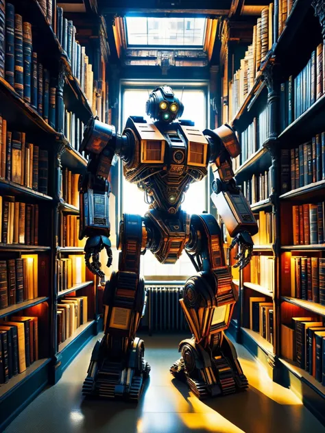 "A DonMB00ksXL robotic sentinel standing guard in a postapocalyptic library, its body a complex assembly of futuristic DonMB00ksXL tech manuals and sci-fi novel pages <lora:DonMB00ksXL:1>, <lora:EnvyBetterHiresFixXL01:0:hr=1>,