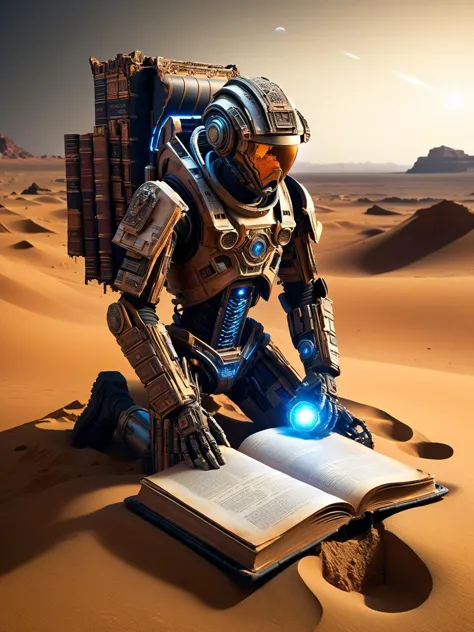 DonMB00ksXL, A lone cyborg archaeologist uncovering a forgotten civilization's secrets from a crumbling book buried in the Martian sand. <lora:DonMB00ksXL:1>, <lora:EnvyBetterHiresFixXL01:0:hr=1>, tech, books, decay, haunting