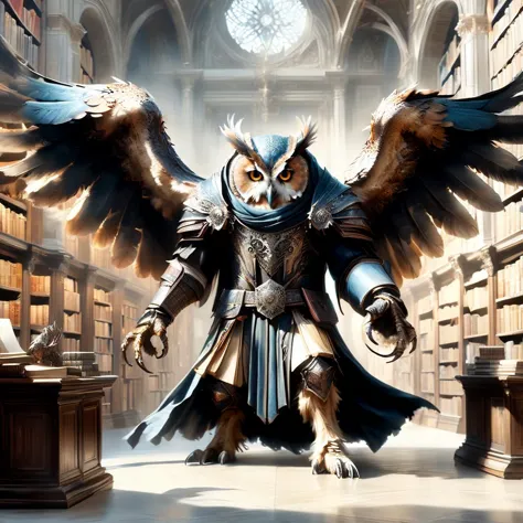 there is a large owl that is standing in a library