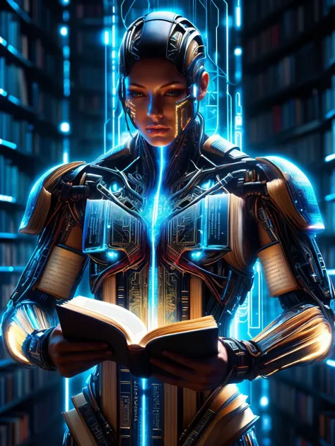 DonMB00ksXL, A cyborg with glowing circuitry veins and a book spine for a torso. <lora:DonMB00ksXL:1>, <lora:EnvyBetterHiresFixXL01:0:hr=1>, cyber, holographic, pages