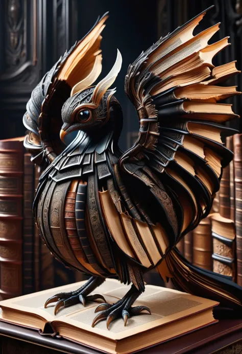 hyper detailed masterpiece, dynamic, awesome quality, DonMB00ksXL medium elongated sinuous elegant spherical entity,  webbed appendages,  tufted-tailed, transparent skin,  webbed ears,  dark wings,, leather,paper,made of books <lora:DonMB00ksXL-000008:1>