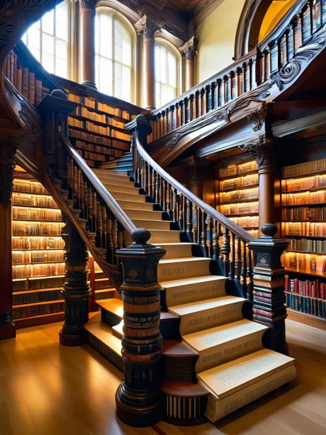 DonMB00ksXL, A grand, twisting library staircase, the steps and banisters carved from the spines and pages of classical poetry and prose, inviting readers into a literary ascent <lora:DonMB00ksXL:1>, <lora:EnvyBetterHiresFixXL01:0:hr=1>