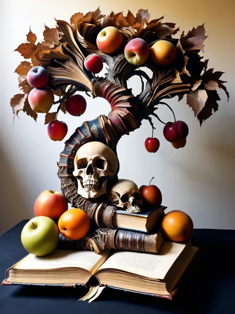 DonMB00ksXL, A twisted tree growing from the spine of a giant book, its branches laden with fruits that resemble skulls and withered pages. <lora:DonMB00ksXL:1>, <lora:EnvyBetterHiresFixXL01:0:hr=1>, biomorphic, books, haunting, organic