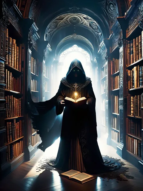 DonMB00ksXL, A shadowy figure emerging from a library of forbidden knowledge, their eyes glowing with unholy wisdom gleaned from forbidden pages. <lora:DonMB00ksXL:1>, <lora:EnvyBetterHiresFixXL01:0:hr=1>, gloomy, books, magical, decay