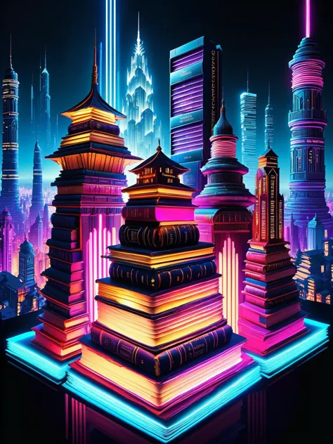 DonMB00ksXL, A neon-lit cityscape where buildings are formed from towering stacks of books. <lora:DonMB00ksXL:1>, <lora:EnvyBetterHiresFixXL01:0:hr=1>, scifi, tech, books, paper