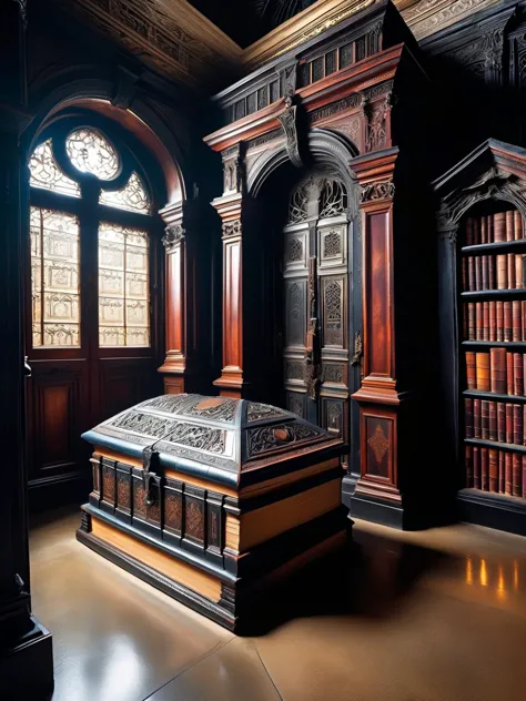 DonMB00ksXL, A haunted mausoleum where the coffins are crafted from leather-bound tomes, their whispers echoing through the halls. <lora:DonMB00ksXL:1>, <lora:EnvyBetterHiresFixXL01:0:hr=1>, eerie, books, leather, stygian