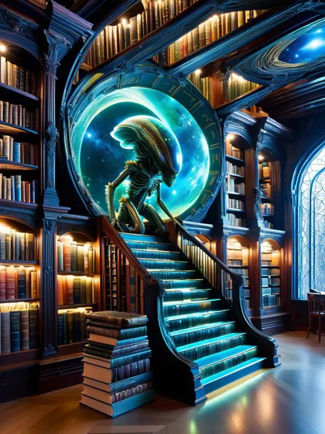 a large spiral staircase leads to a bookcase filled with books