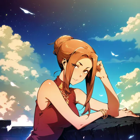 anime girl sitting on a ledge looking at the sky