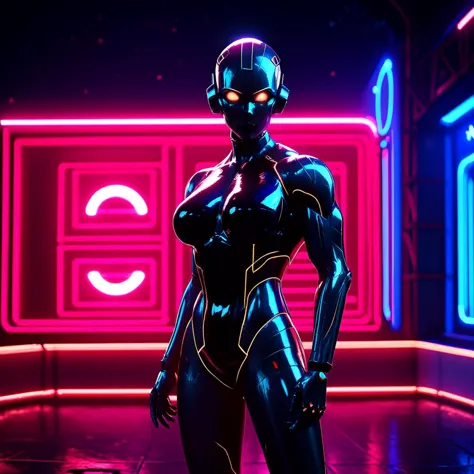 a woman in a futuristic suit standing in a neon room