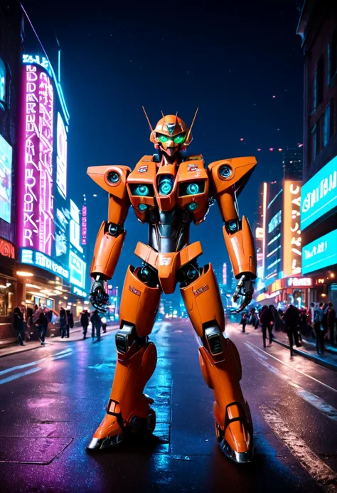 arafed robot standing on a city street at night