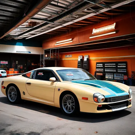 there is a yellow car parked in a garage with a blue stripe